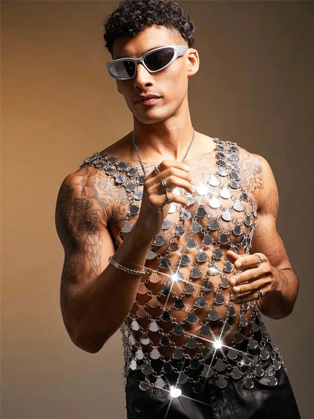 Men's Tops For Party Acrylic Shiny Mirror Vests Nightclub Top Trendy Laser Reflective Outfit Sexy Sleeveless Vests