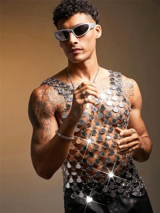 Men's Tops For Party Acrylic Shiny Mirror Vests Nightclub Top Trendy Laser Reflective Outfit Sexy Sleeveless Vests