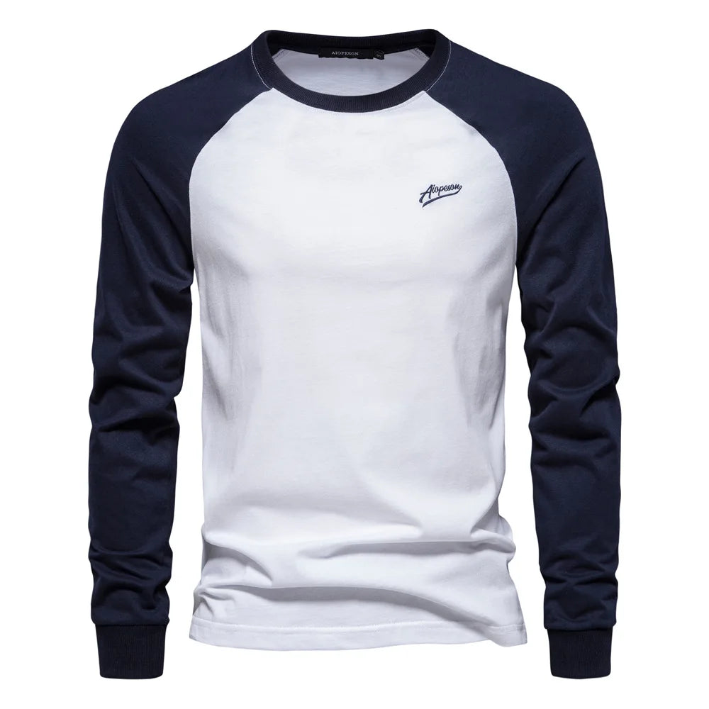Men's Bottom T-shirt Trendy Contrast Color Tops 100% Cotton Long Sleeve Tees Spring Autumn Casual Streetwear O-neck Slim T-shirt