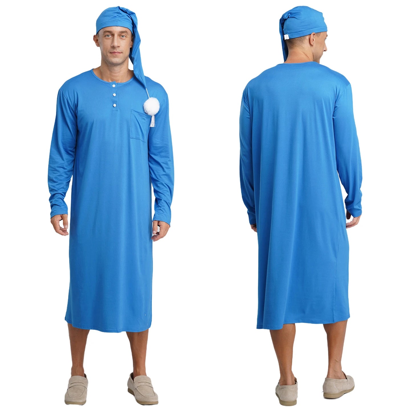 Mens Solid Color Long Sleeve Sleep Robe with Night Cap Round Neck Big & Tall Nightshirts Home Loungewear Pajamas Sleepwear