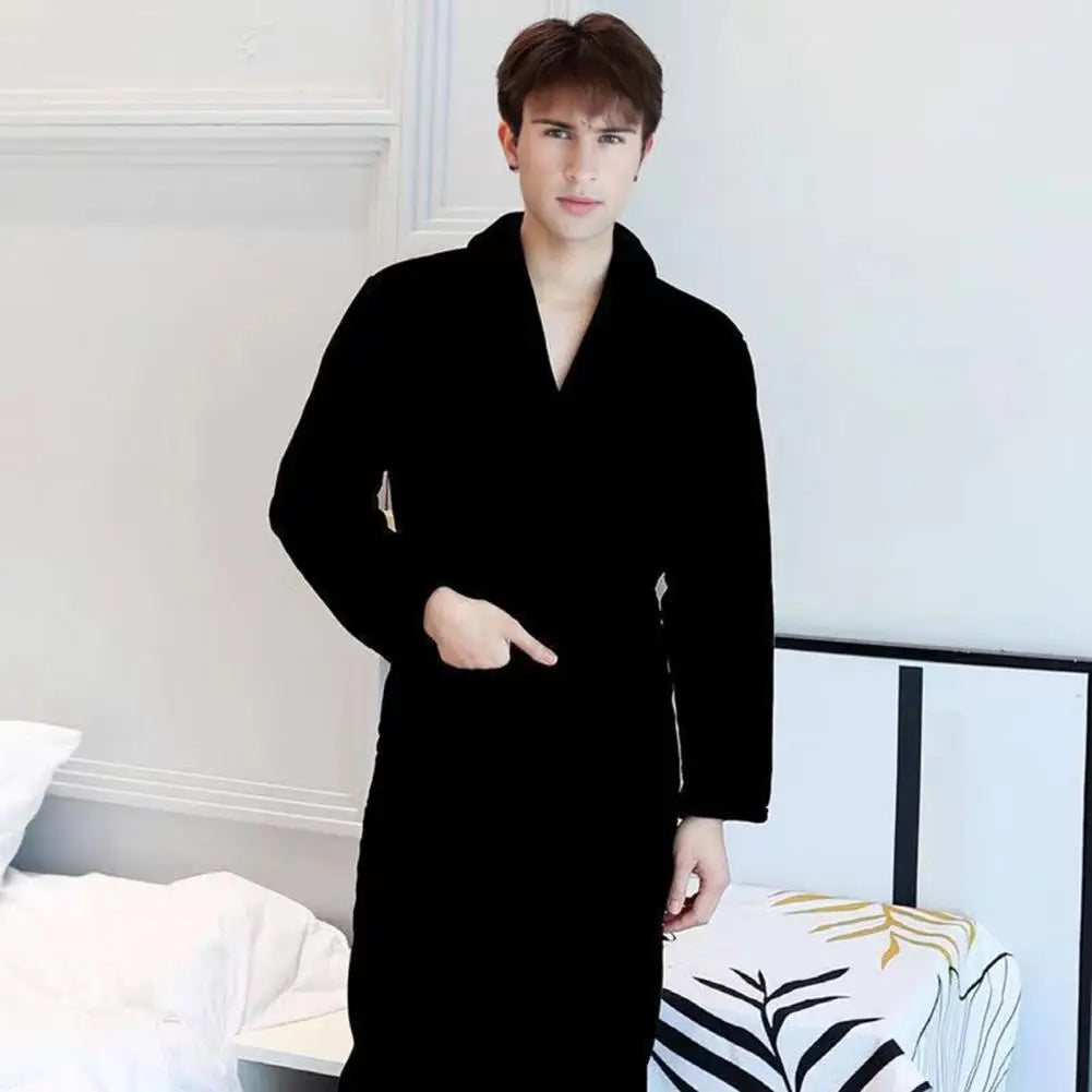 Men Women Bath Robe Lapel Long Sleeve Knee-Length Bathrobe With Belt Pockets Flannel Soft Loungewear Nightwear Plush Spa Robe