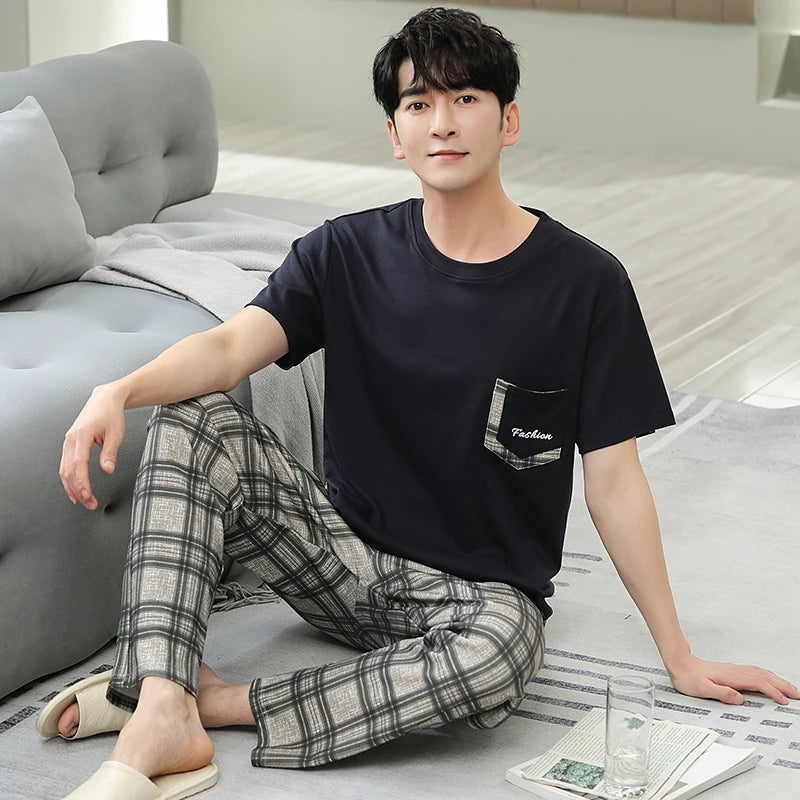 Men's Home Clothes Summer Striped Cotton Sleepwear Lounge Set Homewear Male Pajamas Set Trouser Home Suit Big Size Pijama Hombre