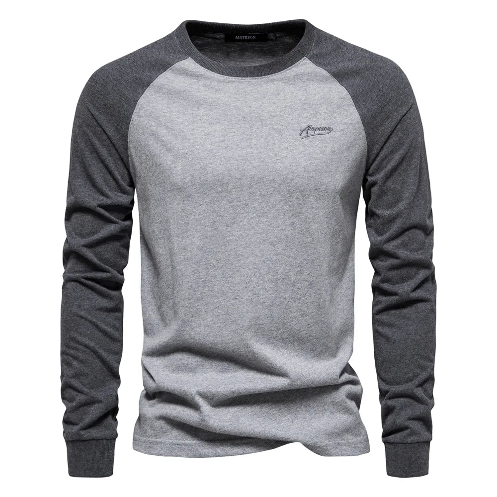 Men's Bottom T-shirt Trendy Contrast Color Tops 100% Cotton Long Sleeve Tees Spring Autumn Casual Streetwear O-neck Slim T-shirt