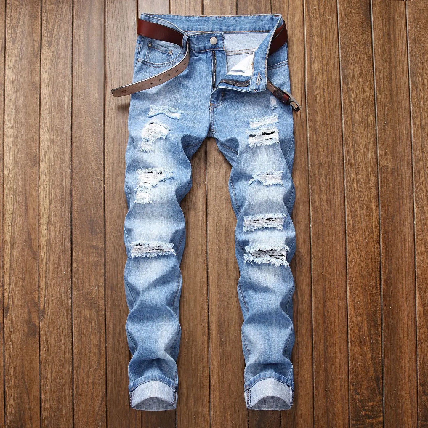 Mens Denim Ripped Straight Jeans for Casual Wear