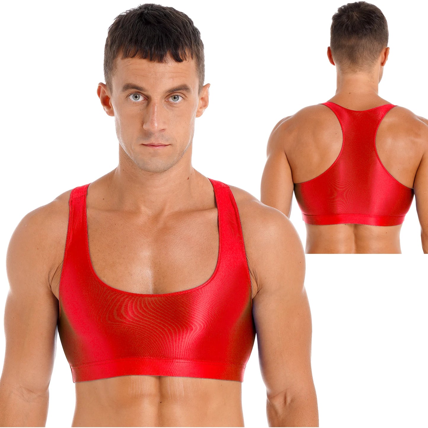 Mens Glossy Crop Top Short Sleeve Oil Shiny Slim Fit Sports Fitness T-shirt Tee Workout Cheer Booty Dance Tops Swimwear Clubwear