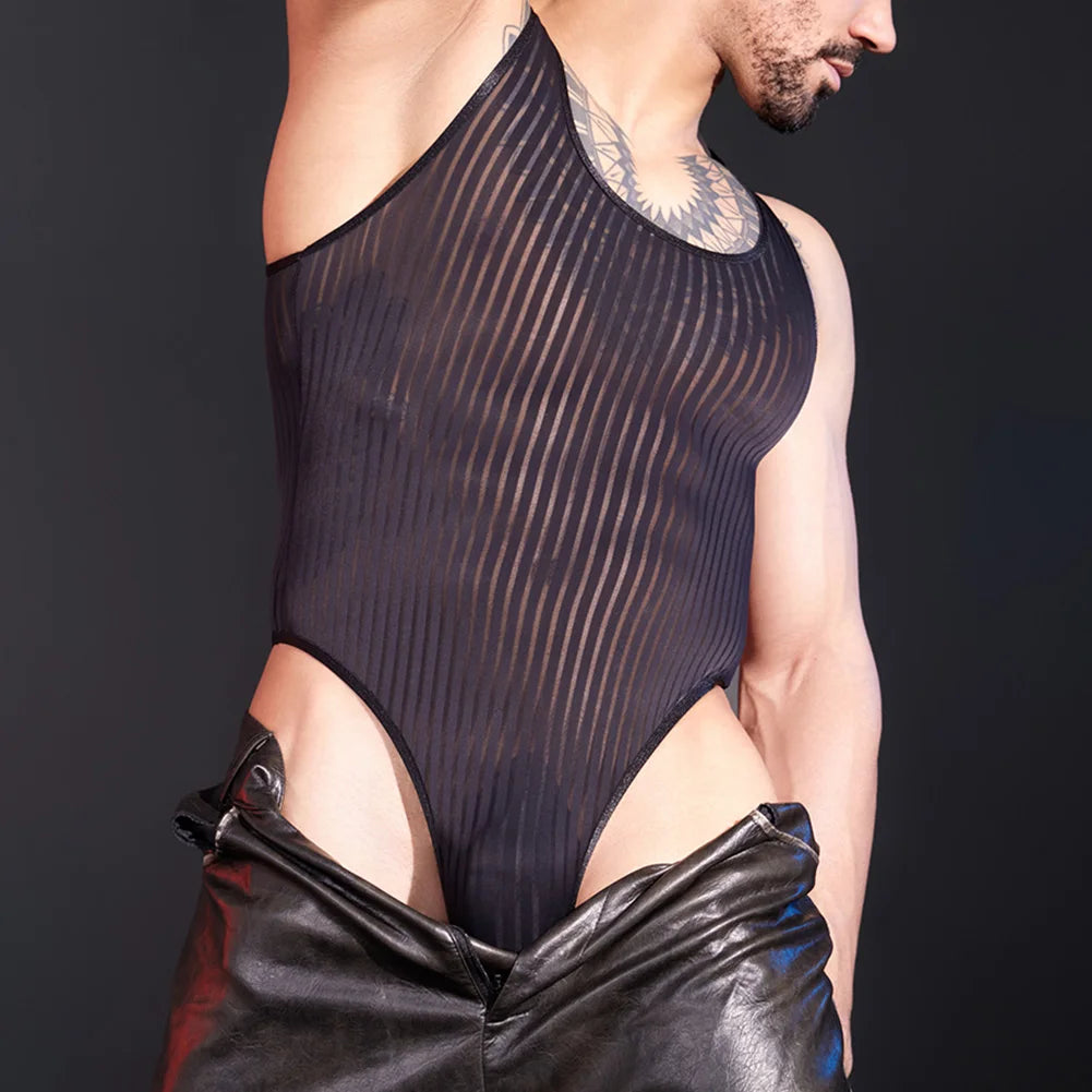 Mens Striped See Through Sleeveless Sexy Adult Costume Underwear Breathable Bodysuit Erotic Lingeries Sexy Hot Pajamas Jumpsuit