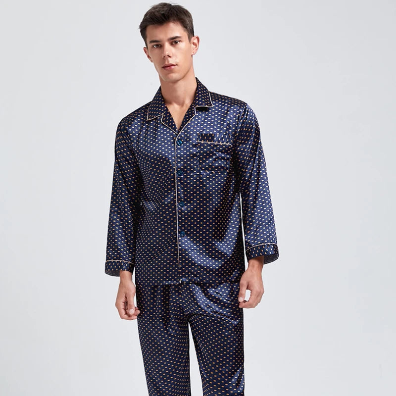 Silk Satin Pajamas for Men Sleepwear Cozy Soft Print Long Sleeve Nightgown Tops + Trousers Two Pieces Mens Pajama Set