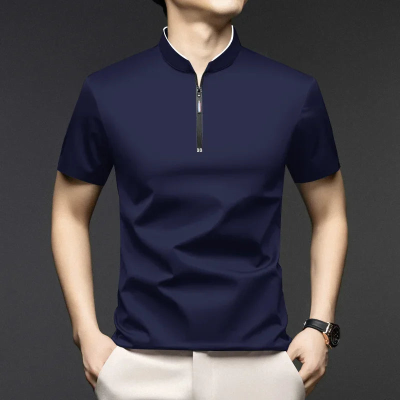 Men's Casual Zipper Polo Shirt in Solid Color