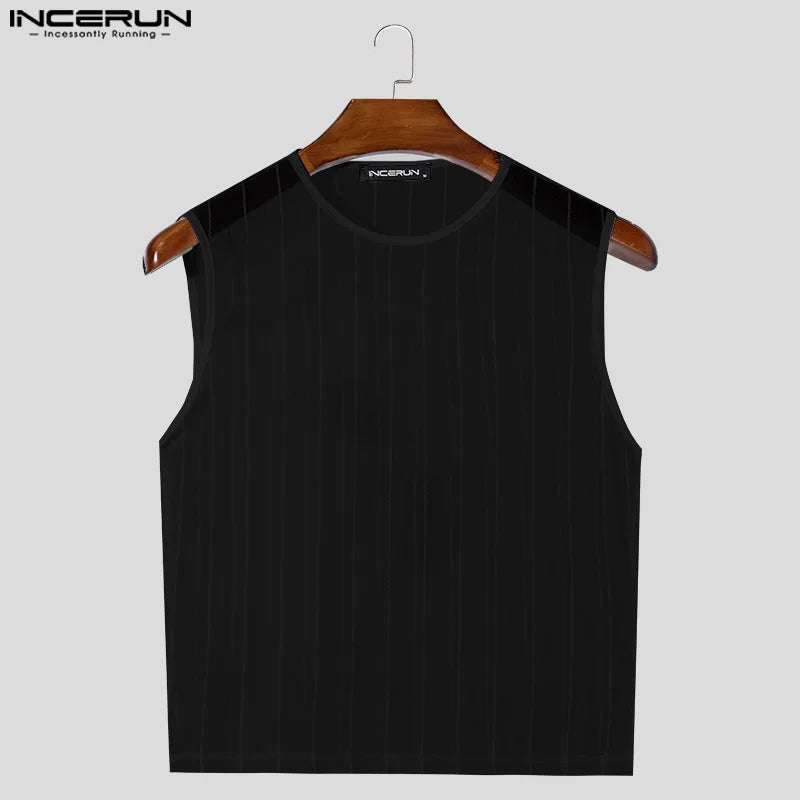 Men Tank Tops Mesh See Through O-neck Sleeveless Sexy Striped Male Crop Tops Streetwear Summer Party Fashion Men Vests S-5XL