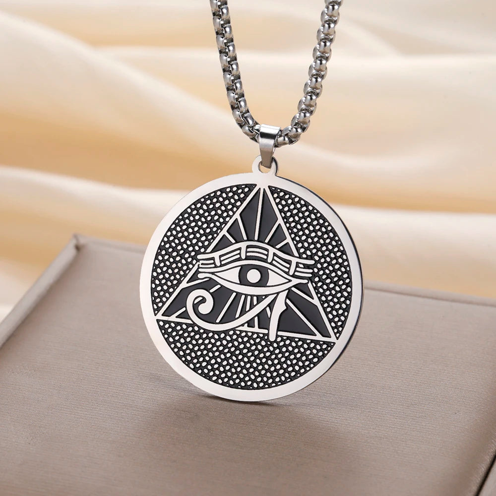 Egyptian God Anubis Double Sides Necklace Pharaoh Pyramid Eye of Horus Protection Amulet Stainless Steel Ancient Egypt Jewelry