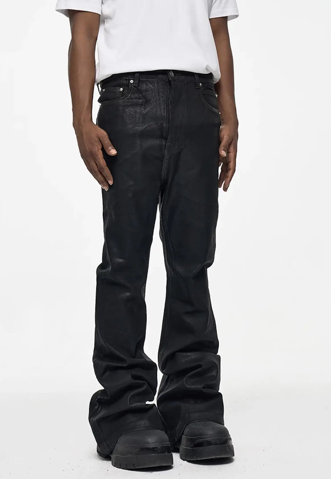 Black Vinyl Coated Wide Leg Jeans for Men