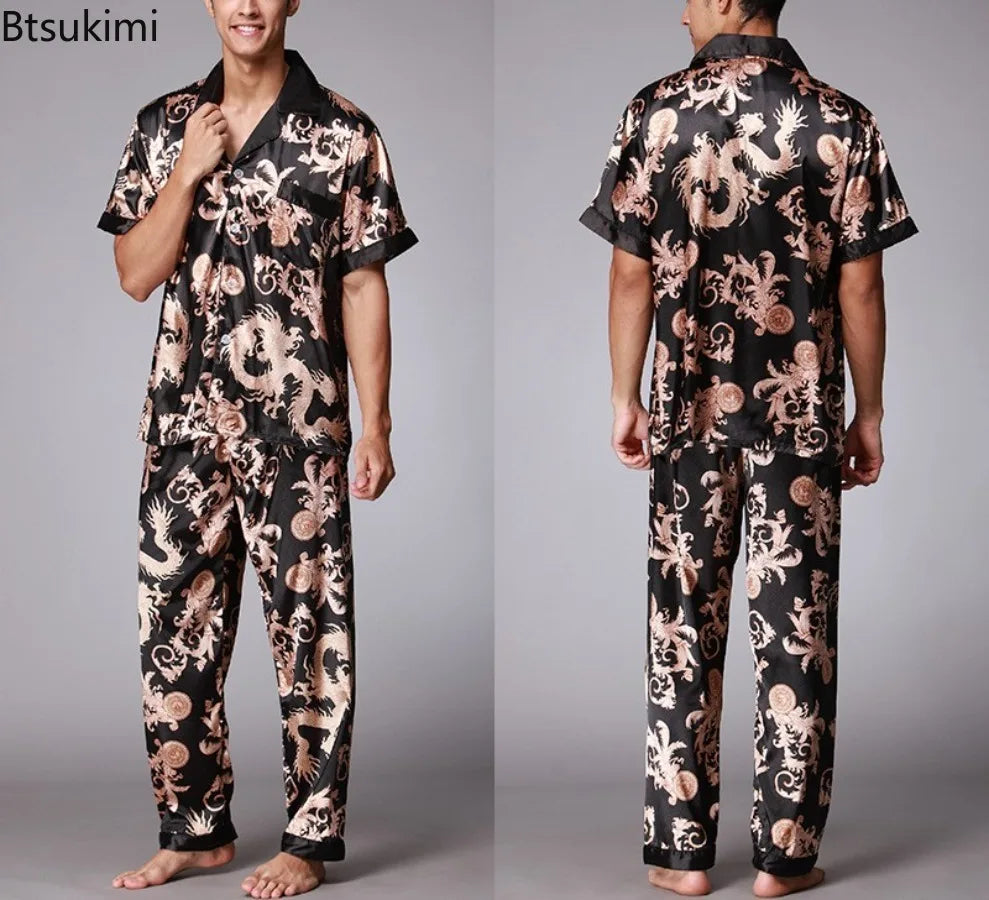 2026 Spring Summer Loungewear Short Sleeves Long Pants Pajama Set Men Printed Satin Silk Pyjamas Male Pajamas Household Clothes