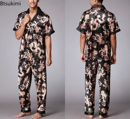 Men's Satin Silk Pajama Set with Short Sleeves and Long Pants
