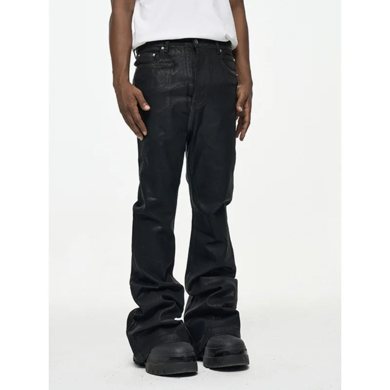 Black Vinyl Coated Wide Leg Jeans for Men