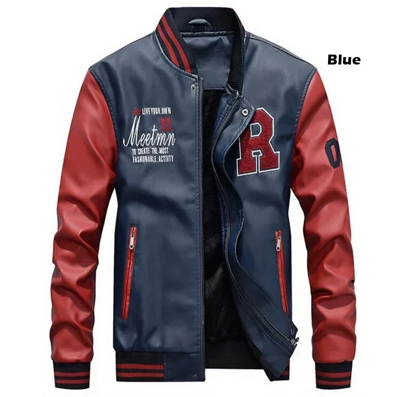 Bomber Jacket Men Leather Fleece Casual Zipper Coat