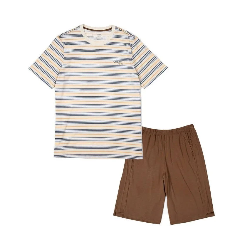 Men's Modal Loungewear Set Striped Short Sleeve T-shirt and Shorts Casual Summer Pajamas