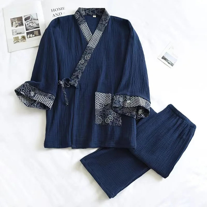 Japanese Kimono Mens Pajamas Men Sleepwear Male Casual Loose Home Two Piece Set Sleepwear Nightgown Outfits Asian Clothes