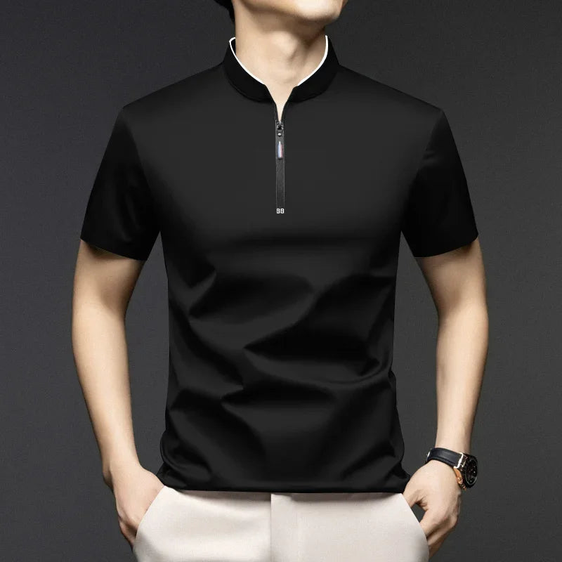 Men's Casual Zipper Polo Shirt in Solid Color