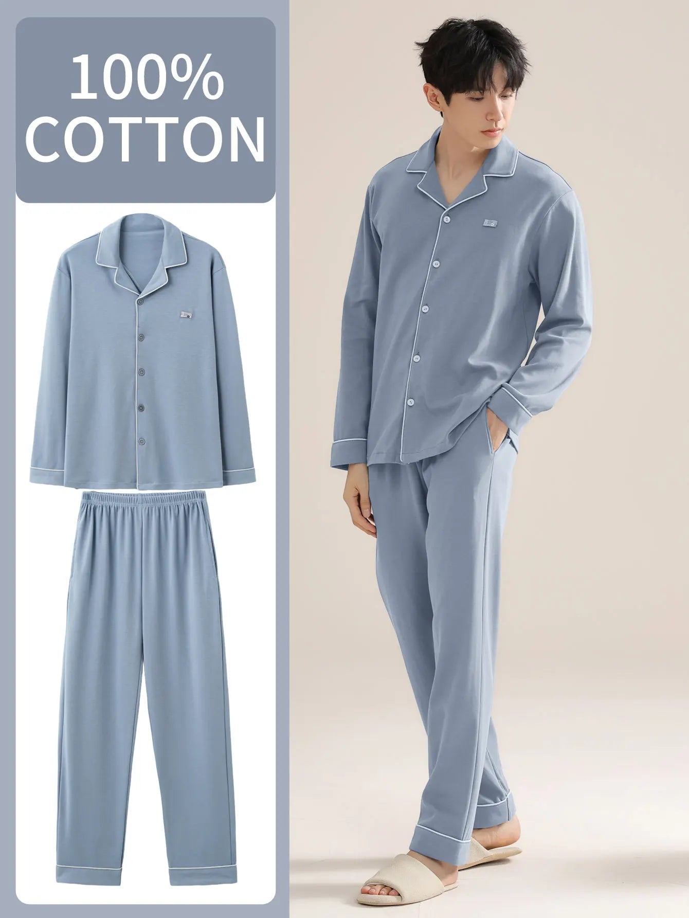 Men's 100% cotton long sleeved four season plus size men's sleepwear, teenage pure cotton home suit set for warmth