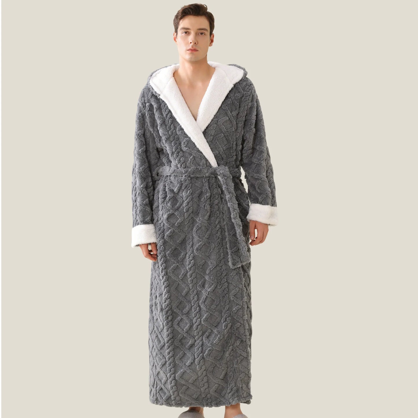 New Winter Flannel Hooded Men Long Robe Lounge Wear Thicken Warm Coral Fleece Male Sleepwear Kimono Bathribe Gown Loose Homewear