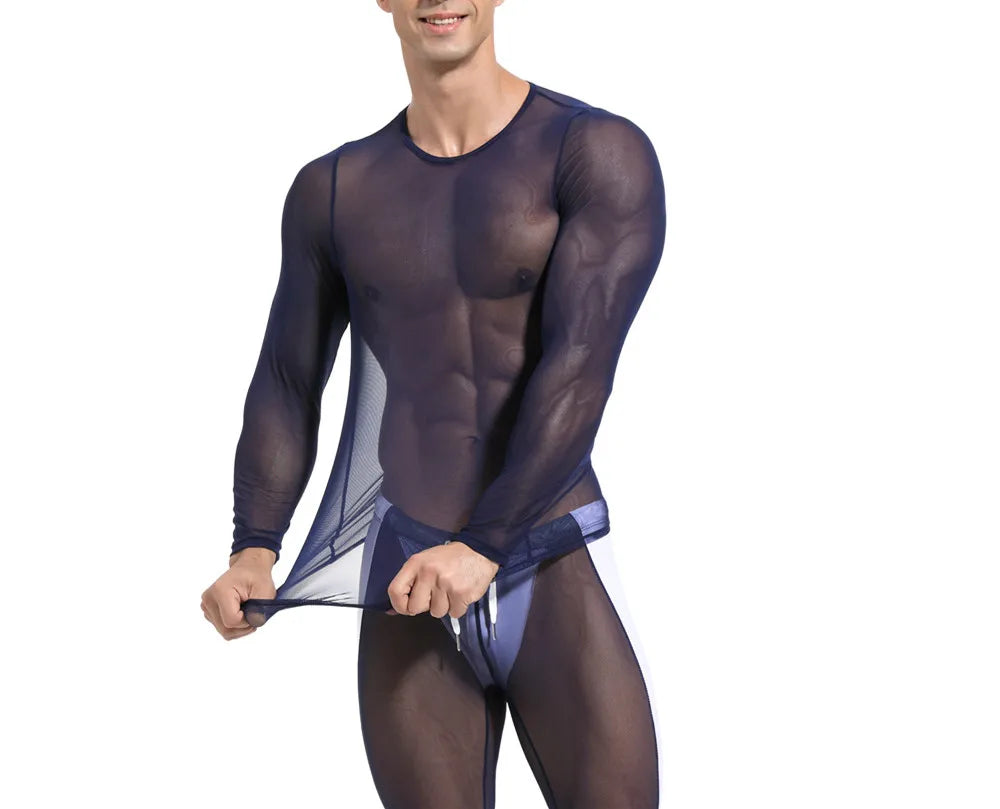 2026 Men's Sexy Mesh T-shirts High Elastic Transparent Long Sleeve Tops Men Sport Fitness Compression Tees See Through Gym Wear