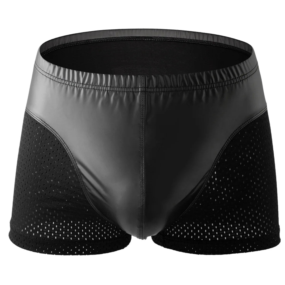 Men's Black Faux Leather Boxer Shorts with U Convex Pouch