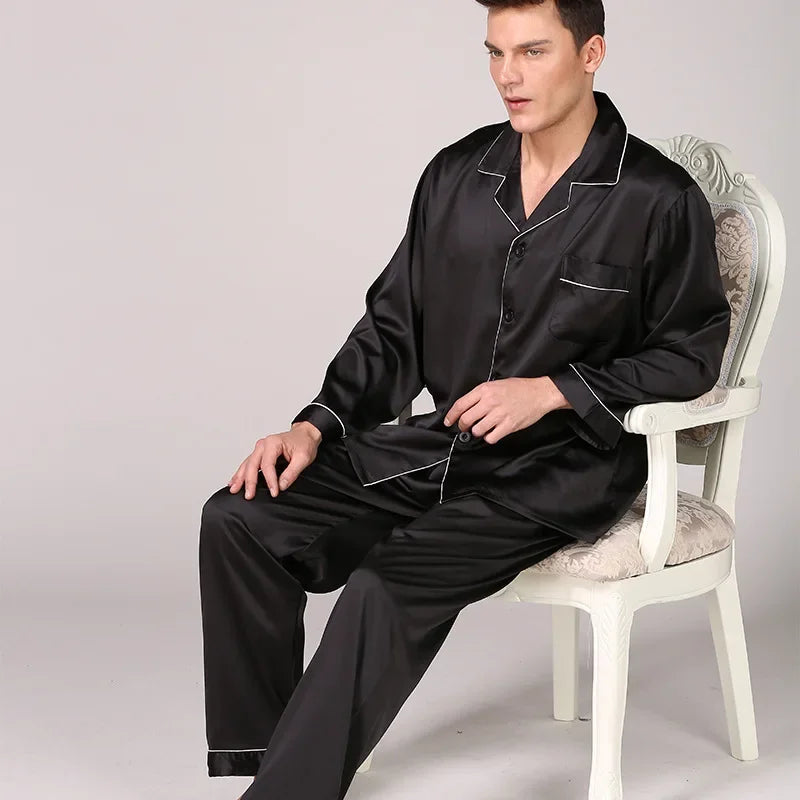 Silk Satin Pajamas for Men Sleepwear Cozy Soft Print Long Sleeve Nightgown Tops + Trousers Two Pieces Mens Pajama Set