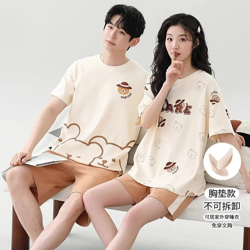 Couples Home Suit Women's Sleepwear Suit Man's Pajamas Set Cotton Short Sleeves Sleep Tops Shorts Pyjamas Nightwear Mujer Homme