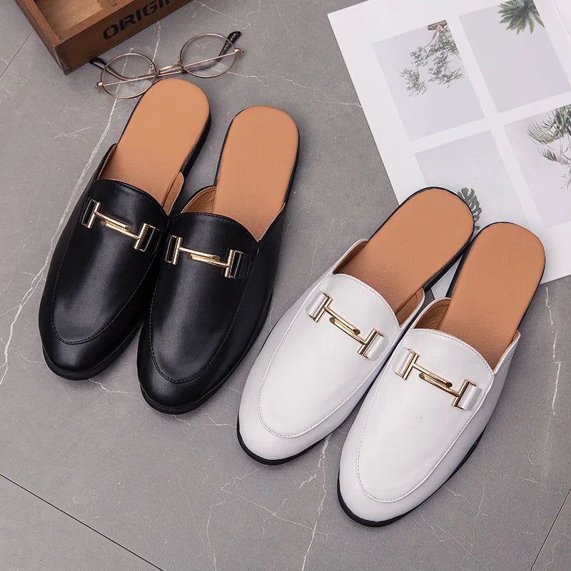 Men's Leather Mules Slippers with Metal Decoration