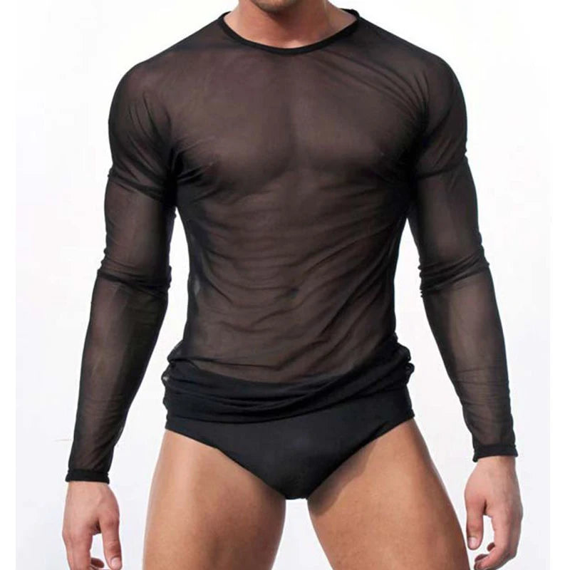 Mens Sexy Transparent T-shirt Sheer See Through Mesh Long Sleeve T shirt Tops Undershirt Fitness Tight Black/White Lounge Tees