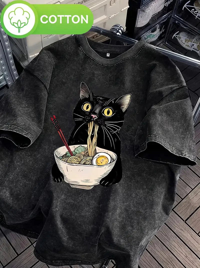 Black Cotton Cat Eating Ramen Graphic Tee