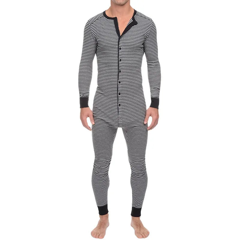 Striped Lounge One-Piece Pajama Sets Sleepsuit Men's Sleep Slim-Fit Long-Sleeve Underwear Autumn-Winter New Homewear