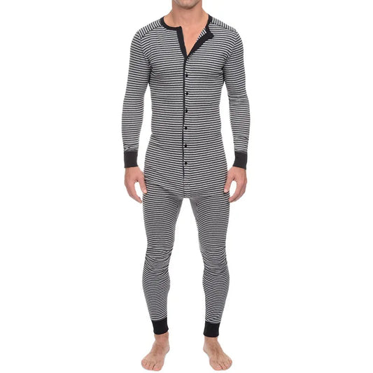 Striped Lounge One-Piece Pajama Sets Sleepsuit Men's Sleep Slim-Fit Long-Sleeve Underwear Autumn-Winter New Homewear