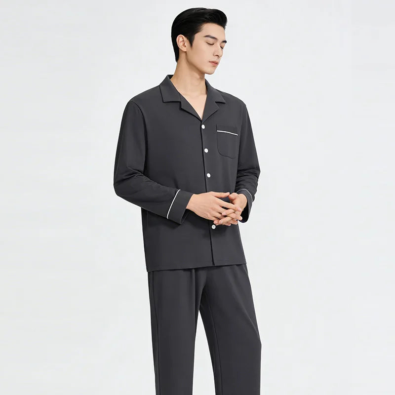 Men's  Cotton Pajamas Set Button-Down Warm Pijamas Hombre Soft Breathable Cotton Sleepwear Homeclothes PJ Grey Loungewear