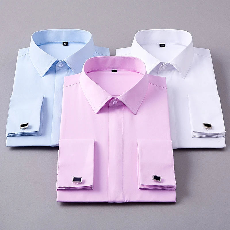 Men's Solid Long Sleeve Dress Shirt with French Cufflinks