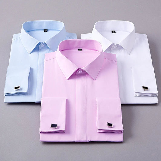 Men's Solid Long Sleeve Dress Shirt with French Cufflinks