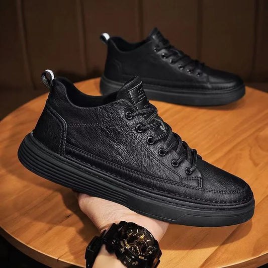 Men's Casual Sneakers Black Leather Breathable Shoes