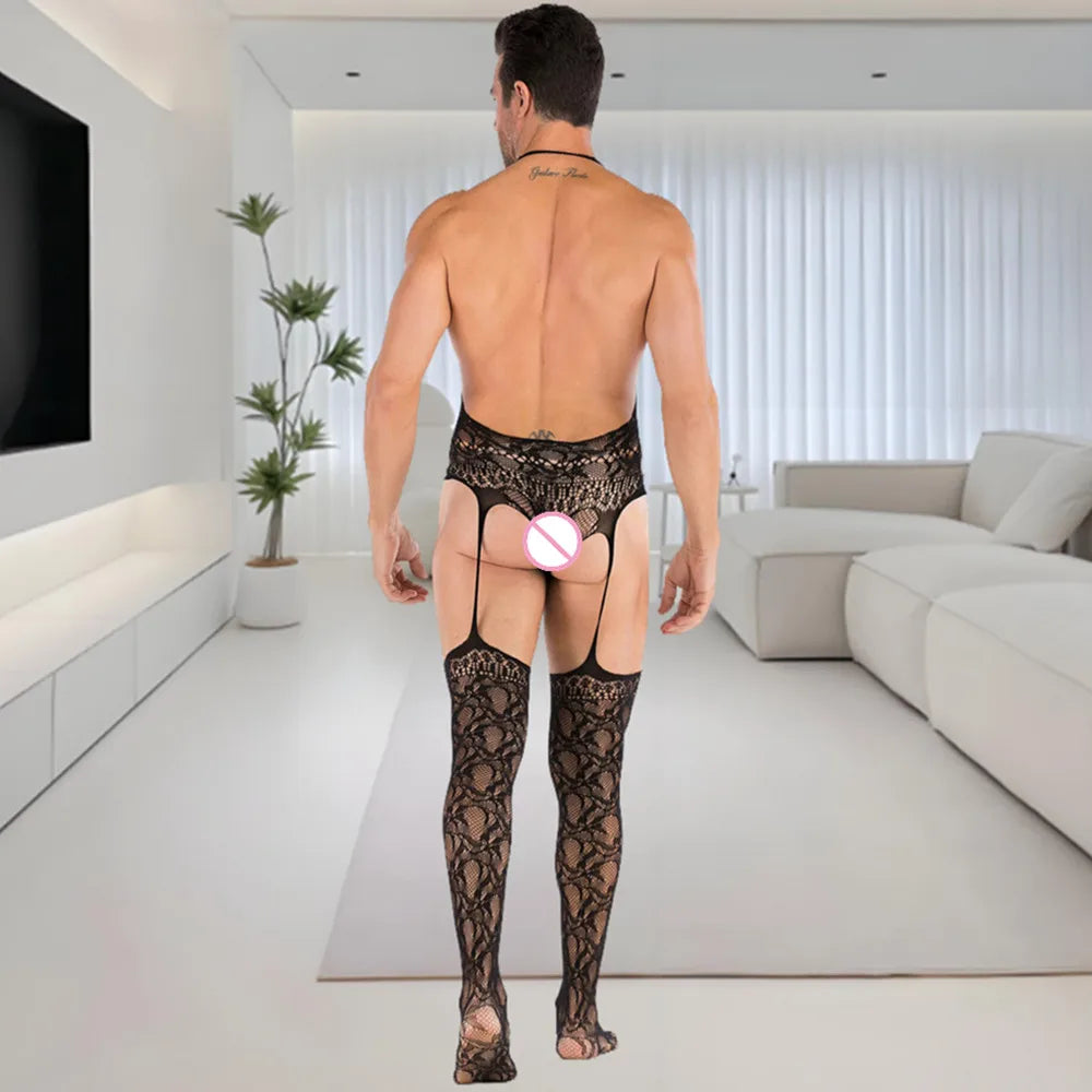 Male Sexy Sleepwear Men Fashion Bodysuit Deep V Neck With Exposed Back Full Body Stockings Gay Costumes Mesh Club Nightwear