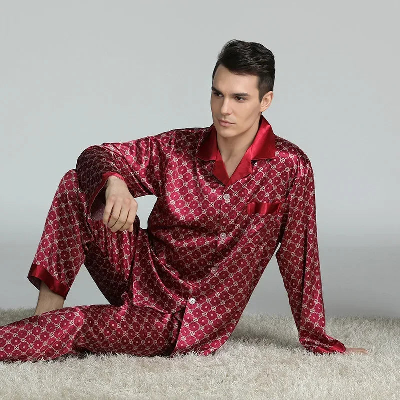 Silk Satin Pajamas for Men Sleepwear Cozy Soft Print Long Sleeve Nightgown Tops + Trousers Two Pieces Mens Pajama Set