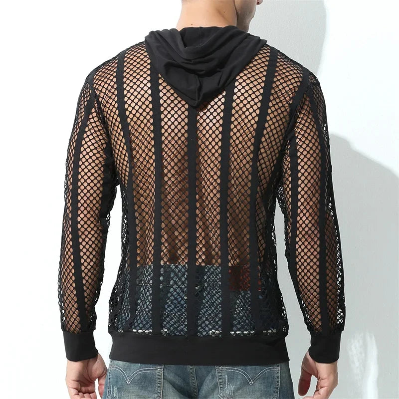 Mens Undershirts Hoodies Sexy Transparent Mesh Shirts Fishnet Hollow Out T Shirts Sport Fitness Nightclub See Through Tees Tops