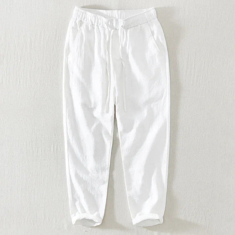 Summer New Casual Linen Ankle-length Pants for Men Clothing Simple Drawstring Thin Streetwear Oversize BL8226