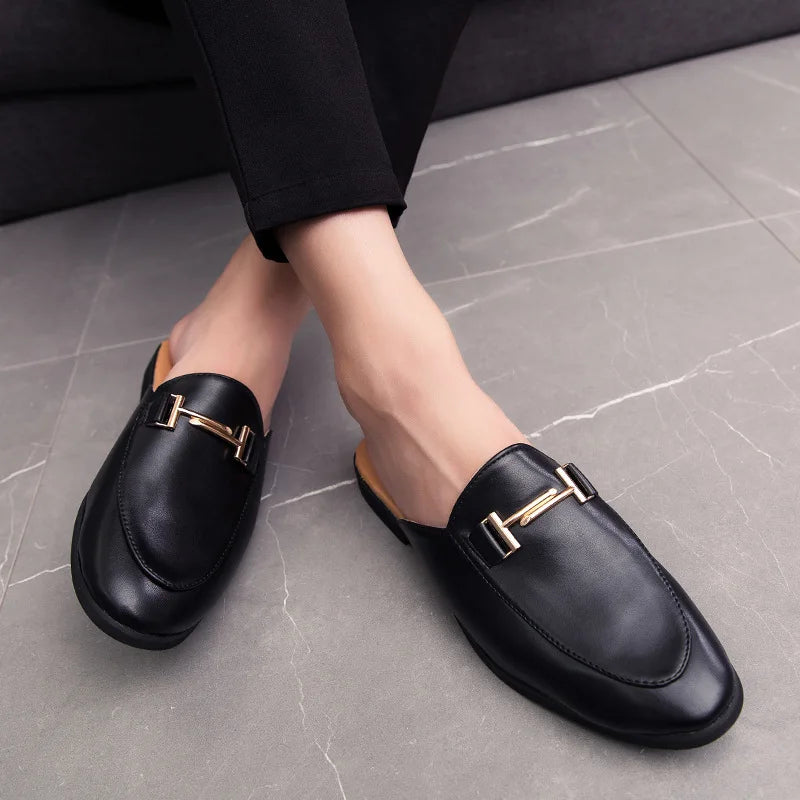 Men's Leather Mules Slippers with Metal Decoration