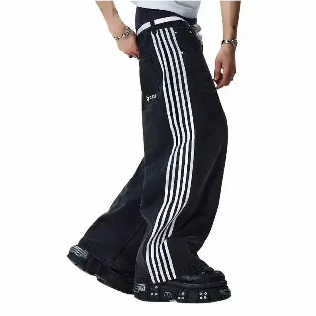 Wide Leg Denim Jeans for Men with Alien Pattern