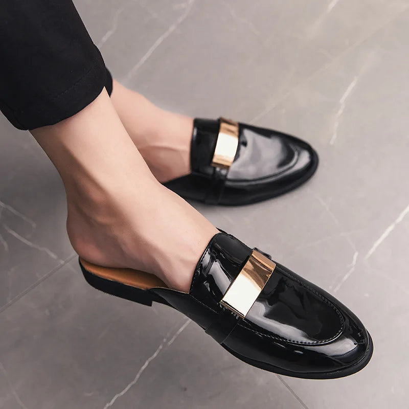 Men's Leather Mules Slippers with Metal Decoration