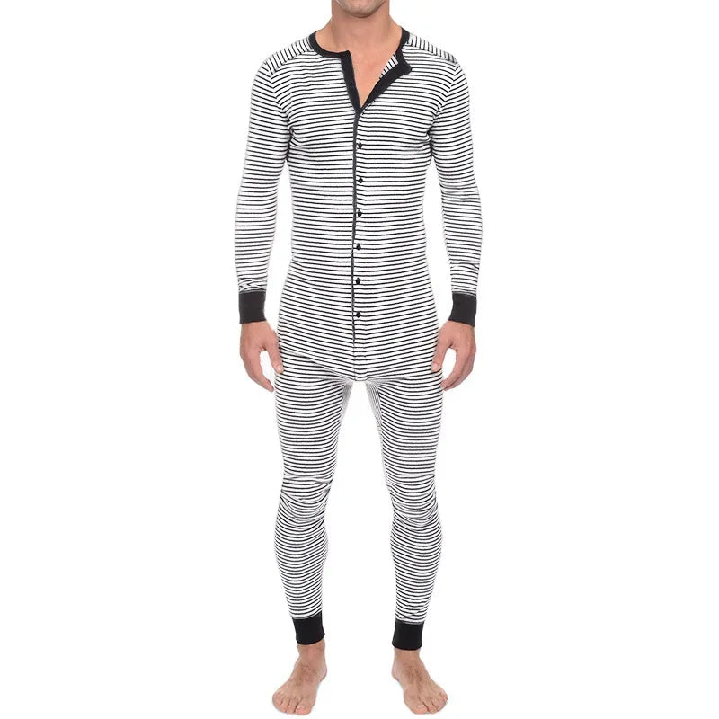 Striped Lounge One-Piece Pajama Sets Sleepsuit Men's Sleep Slim-Fit Long-Sleeve Underwear Autumn-Winter New Homewear