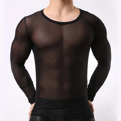 Mens Sexy Transparent T-shirt Sheer See Through Mesh Long Sleeve T shirt Tops Undershirt Fitness Tight Black/White Lounge Tees