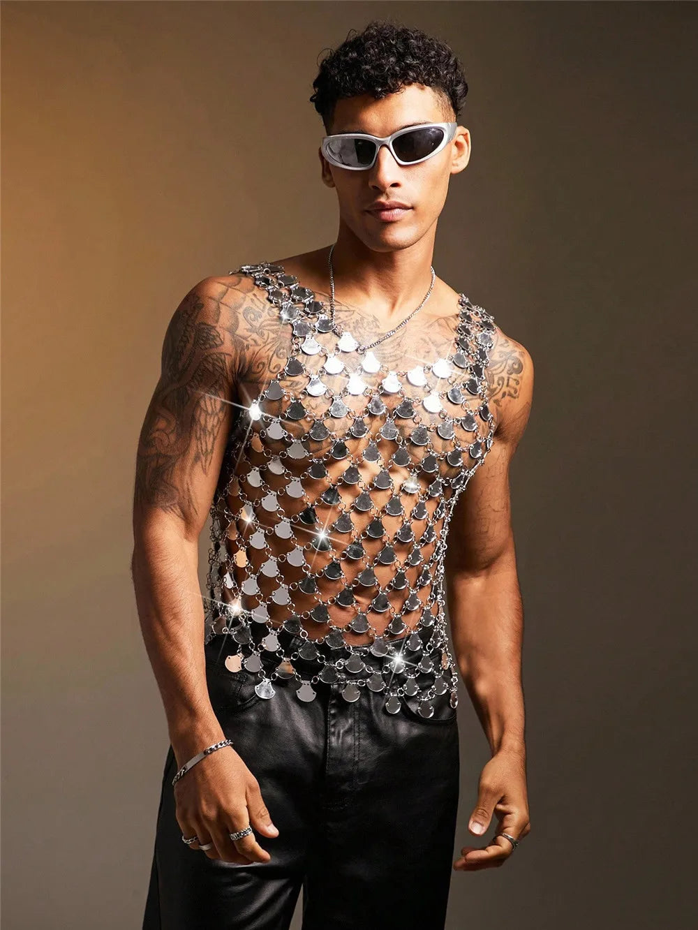 Men's Tops For Party Acrylic Shiny Mirror Vests Nightclub Top Trendy Laser Reflective Outfit Sexy Sleeveless Vests