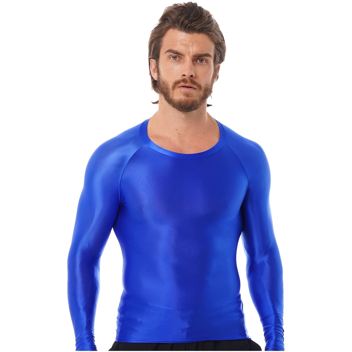 Mens Glossy Sports Tops Long Sleeve T-shirt Solid Color Slim Fit Breathable Fitness Gymnastics Workout Tops Yoga Beach Swimwear