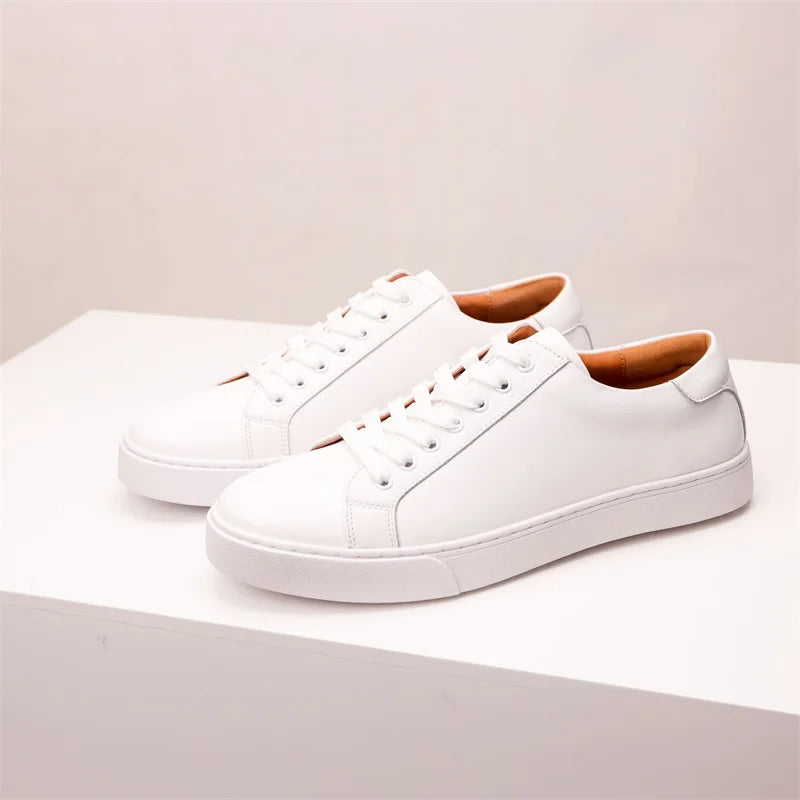 Genuine Leather White Sneakers for Men Casual Outdoor Use Non-Slip Breathable Handmade