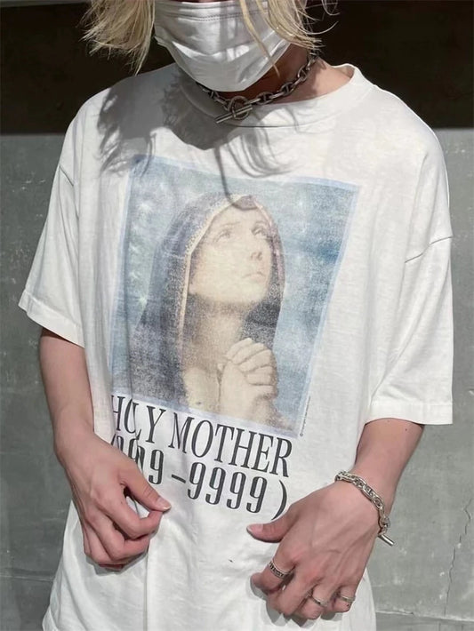 Vintage Cotton Alphabet Print Short Sleeve T-Shirt